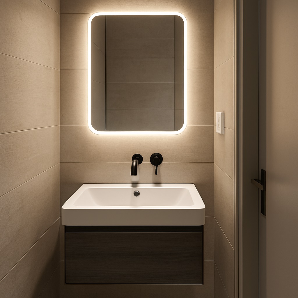 Wall-mounted sink and mirror in compact bathroom